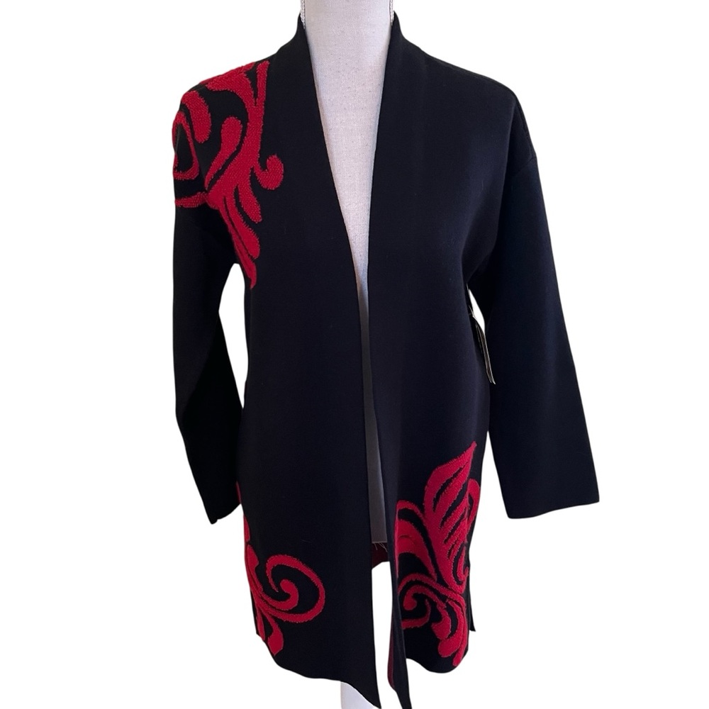Chico's Black and Red Scroll Detail Open Front Cardigan 0(S)